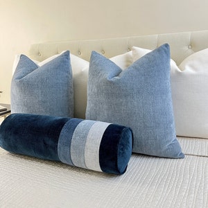 Navy Blue Velvet Bolster With 3 Shades Blue Trim | Blue Velvet Round Bolster | 6 Inch Bolster Pillow | 8 Inch Bolster Pillow | Bed Bolster
