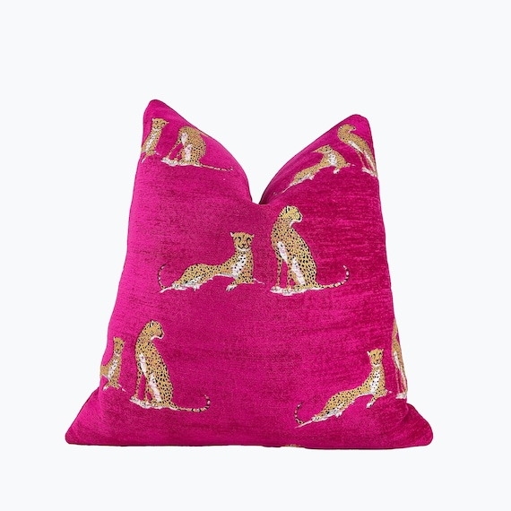 Fuchsia Embroidered Cheetah Throw Pillow Cover | Hot Pink