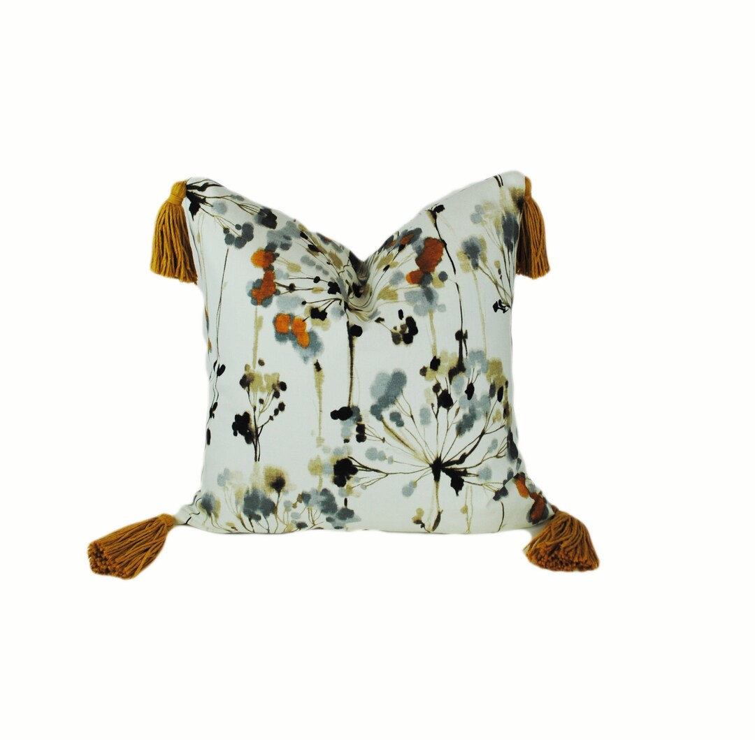 Modern Gray Floral Pillow Cover With Jumbo Gold Tassels Etsy