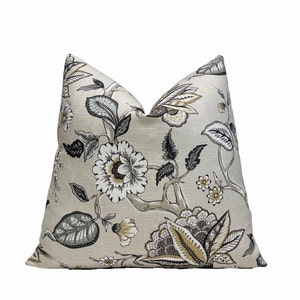 Light Gray Botanical Linen Pillow Cover | Gray Graphite Floral Cushion Cover
