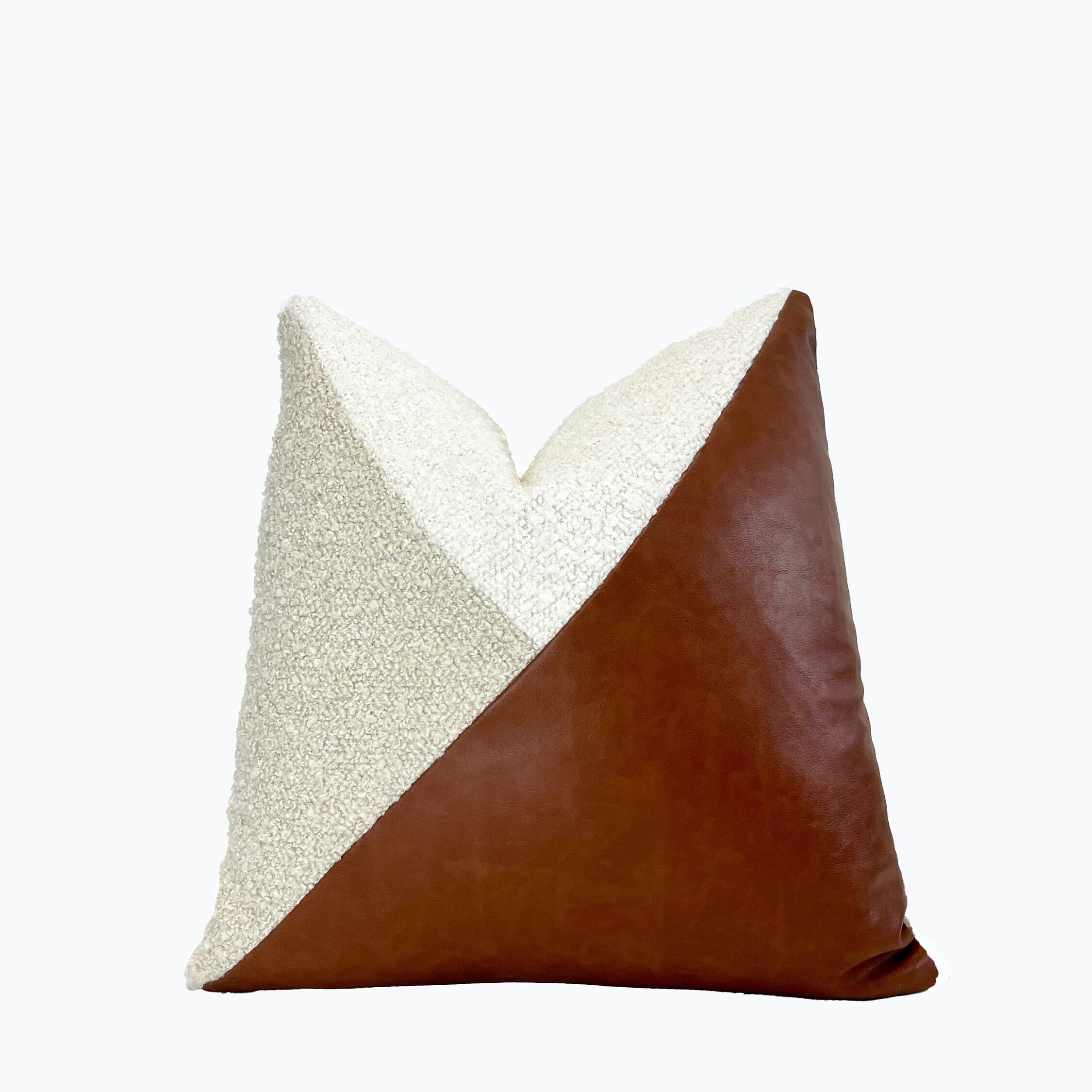 Textured Boucle and Leather Pillow Cover | Off White Beige Boucle Leather Block Pillow Cover | Couch Pillow | 18"x18" | 20x20" | 22x22"