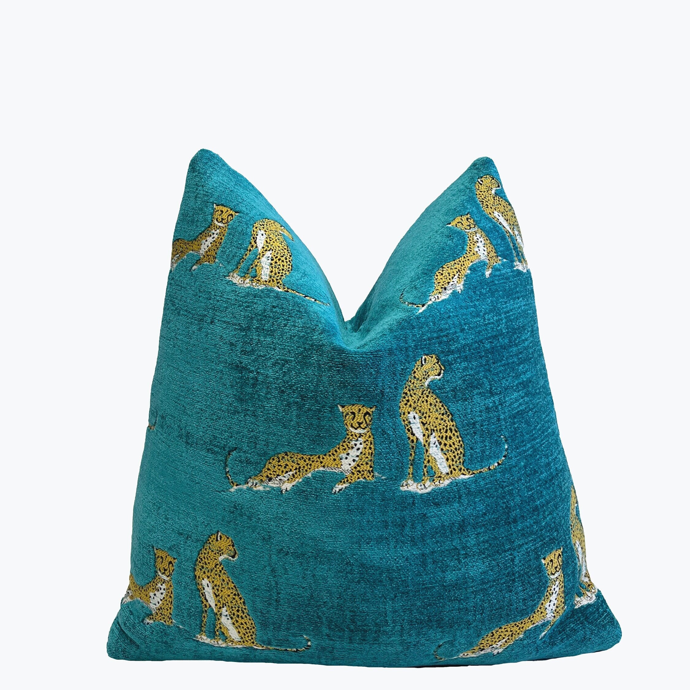 Aquamarine Embroidered Cheetah Chenille Throw Pillow Cover | Aqua Blue Animal Print Pillow Cover | Custom Sizes