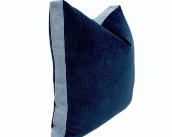 Blue Velvet Throw Pillow with Insert | Navy and Light Blue Two Tone Box Decorative Pillow  | 18x18, 20x20, 22x22