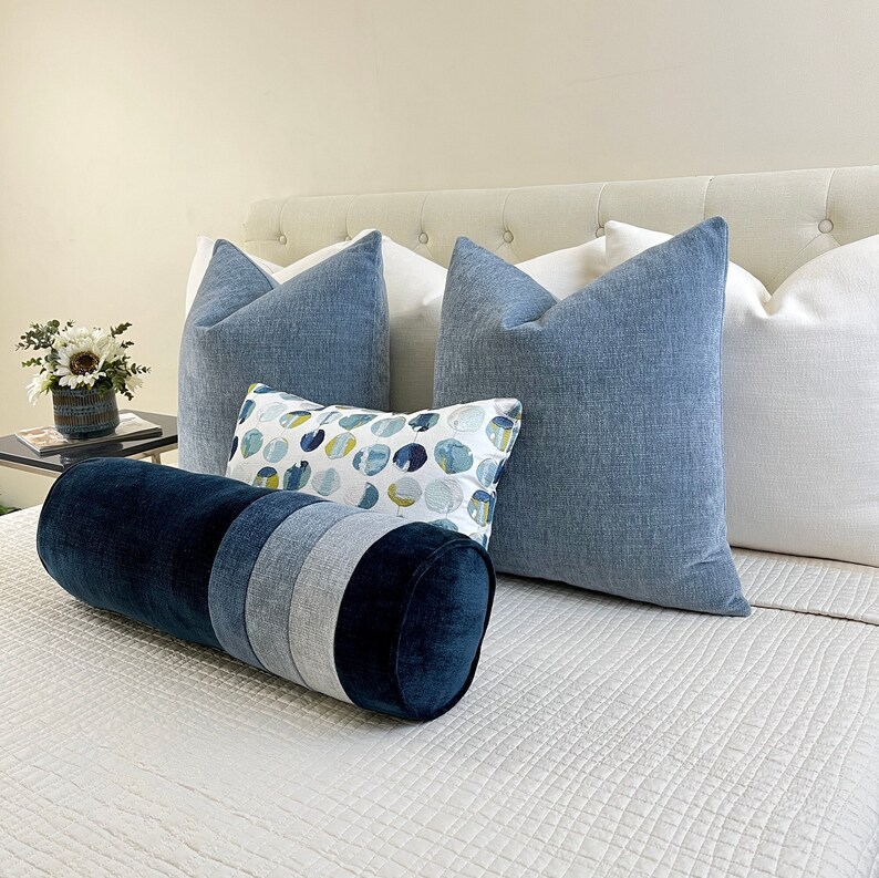 Navy Blue Velvet Bolster With 3 Shades Blue Trim Blue Velvet Etsy