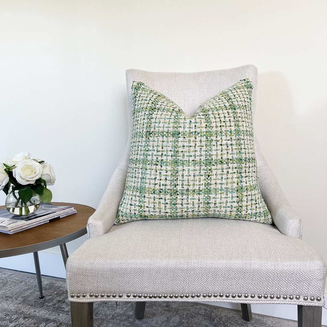 Green and Cream Woven Plaid Throw Pillow Cover Green Plaid Etsy