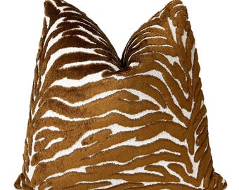 Mocha Brown Zebra Velvet Throw Pillow Cover | Brown Animal Print Cushion Cover