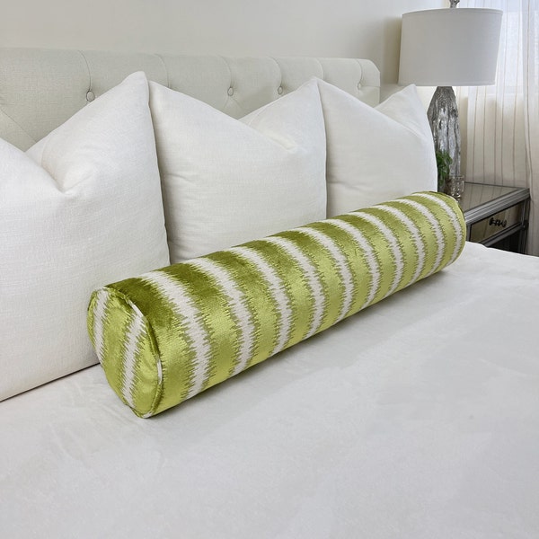 Modern Chartreuse Cream Velvet Stripe Bolster Pillow | Navy Cream Velvet Stripe Bolster Pillow | Bed Bolster  Pillow | Couch Bolster Pillow