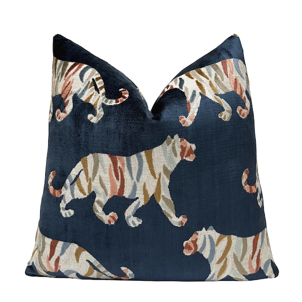Indigo Bengal Tiger Velvet Throw Pillow Cover | Dark Blue Animal Print Cushion Cover