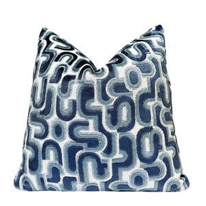 Blue Groove Velvet Throw Pillow Cover | Geometric Blue Velvet Cushion | Modern Accent Pillow | 20x20 22x22 Lumbar | Custom Sizes | Shams
