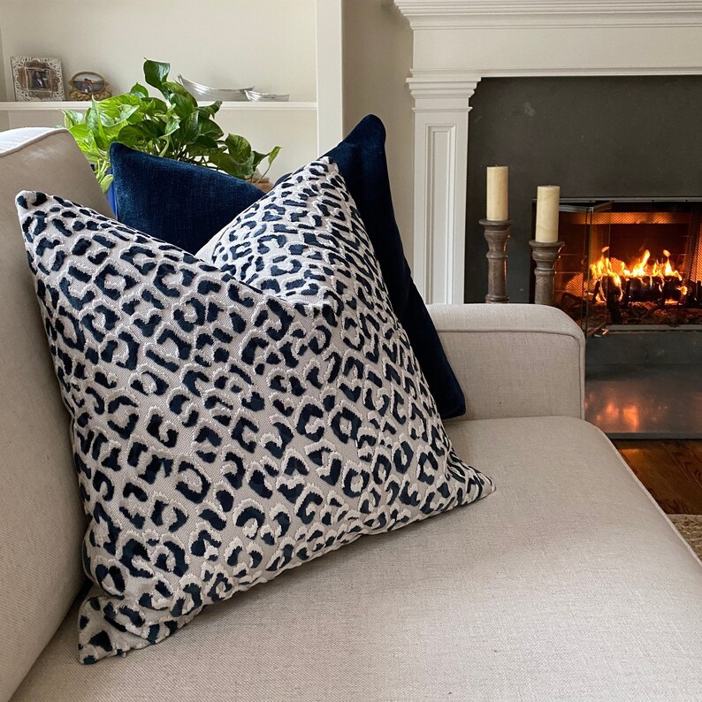 Navy Blue Leopard Print Velvet Pillow Cover Leopard Print Etsy