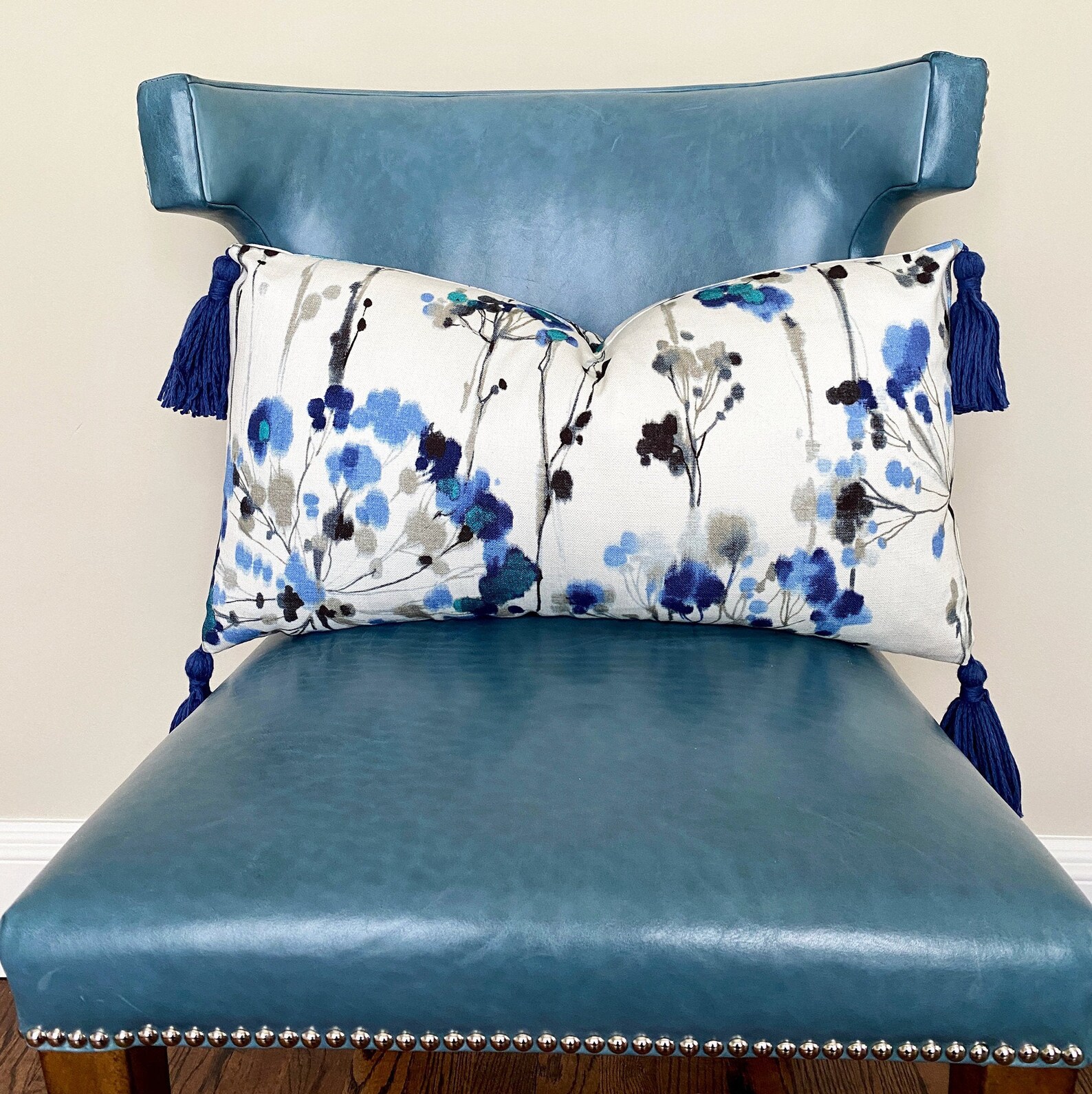 Blue Floral Print and Jumbo Blue Tassels Pillow Cover Modern Etsy