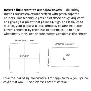 May include: Diagrams showing pillow cover measurements. One shows a 50.8cm x 50.8cm pillow cover with 48.3cm corner to corner. The other shows a 50.8cm x 35.6cm pillow cover with 48.3cm corner to corner and 33cm corner to corner. Text explains pillow cover construction.