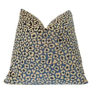 Blue Beige Leopard Print Velvet Throw Pillow Cover | Blue Animal Print Pillow Cover | 20x20 | 22x22 | Sham | Lumbar Pillow | Custom Size