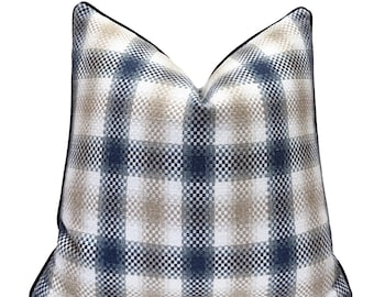 Navy Plaid Throw Pillow Cover with Linen Welting | Blue Stripe Designer Cushion Cover