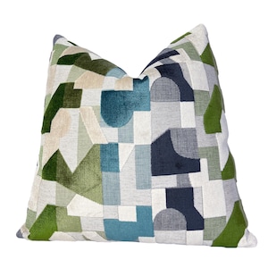Fern GeoDream Velvet Throw Pillow Cover | Green Blue Abstract Designer Pillow Cover