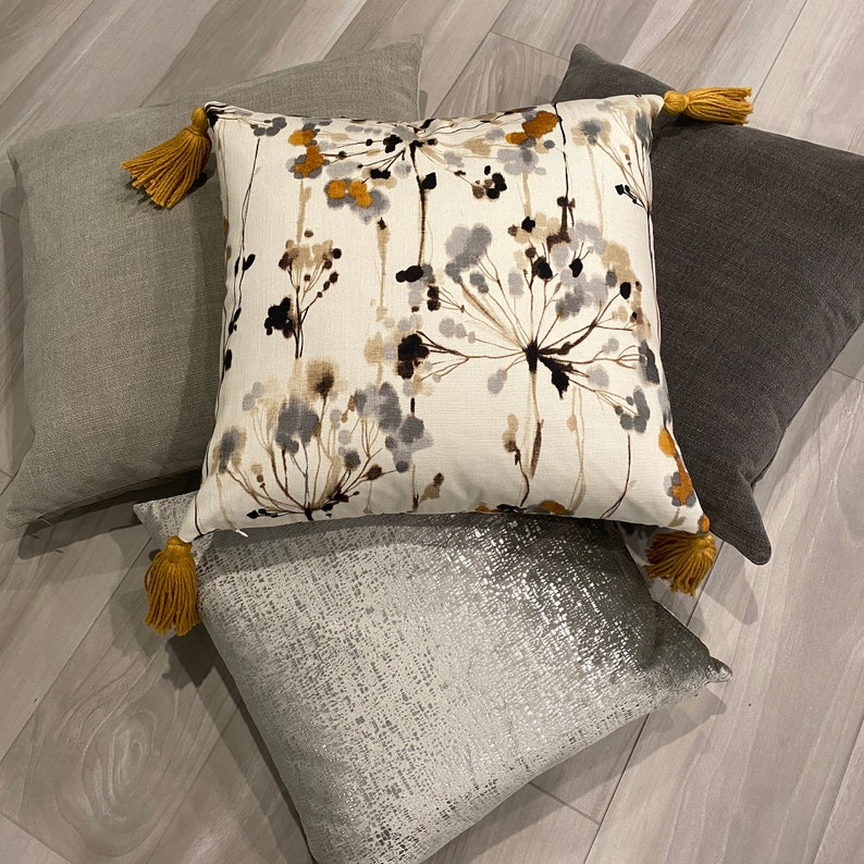 Modern Gray Floral Pillow Cover With Jumbo Gold Tassels Etsy