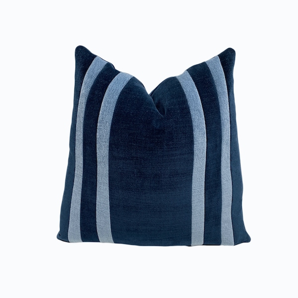 Modern Navy and Coastal Blue Velvet Stripe Throw pillow Cover | Navy and Blue Velvet Decorative pillow Cover | 20x20 | 22x22 | Lumbar Pillow
