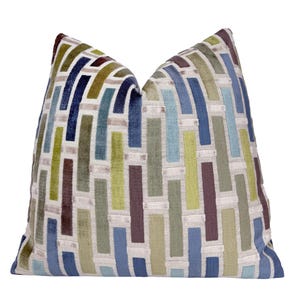Linea Ocean Geometric Velvet Throw Pillow Cover | Blue Green Geometric Pillow Cover | Custom Sizes | Lumbar | 18x18 | 20x20 | 22x22 | 24x24&quot;