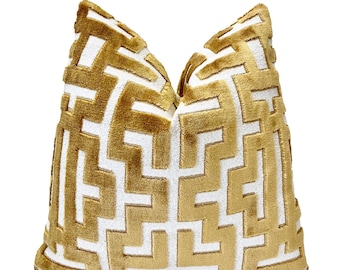 Gold Velvet Throw Pillow Cover: Graphic White Boucle Cushion
