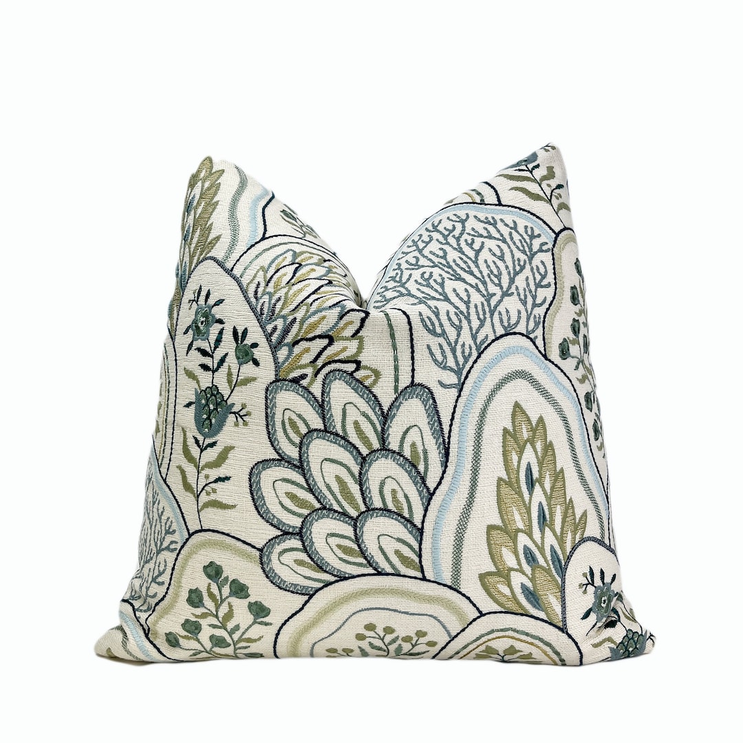 Cream, Blue, Sage Embroidered Throw Pillow Cover Coastal Decorative