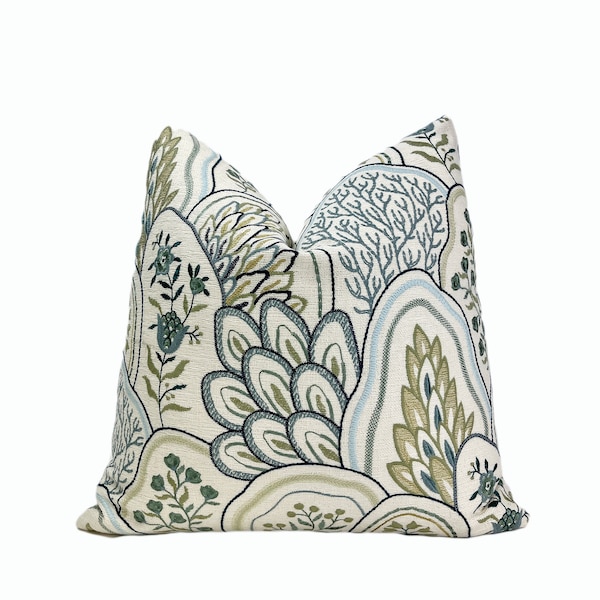 Cream, Blue, Sage Embroidered Throw Pillow Cover | Coastal Decorative Pillow | Couch Pillow | 18x18 | 20x20 | 22x22 | Lumbar | Shams