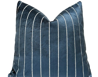 Indigo Stripe Velvet Throw Pillow Cover | Custom Sizes | Blue Designer Cushion Cover