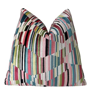 Pink Spectrum Velvet Stripe Throw Pillow Cover | Pink Multicolor Geometric Pillow Cover | Custom Sizes | Lumbar | 18x18 | 20x20 | 24x24&quot;