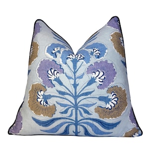 Thibaut Tybee Tree Blue Lavender Throw Pillow Cover with Welting  | Blue Linen Floral Designer Pillow Cover | 18x18 | 20x20 | 22x22 | Lumbar