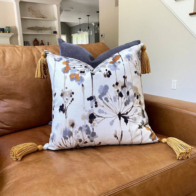 Modern Gray Floral Pillow Cover With Jumbo Gold Tassels Etsy