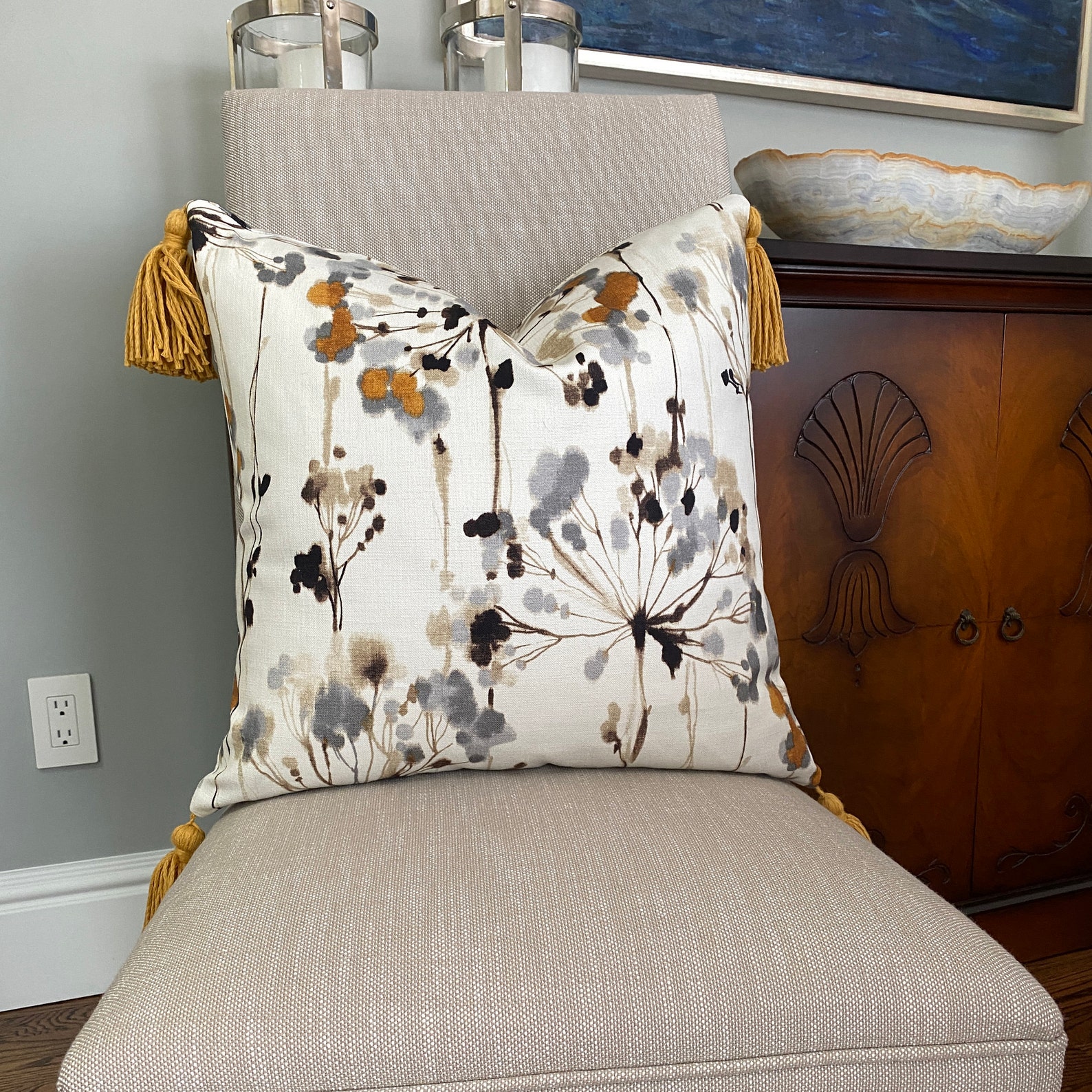 Modern Gray Floral Pillow Cover With Jumbo Gold Tassels Etsy