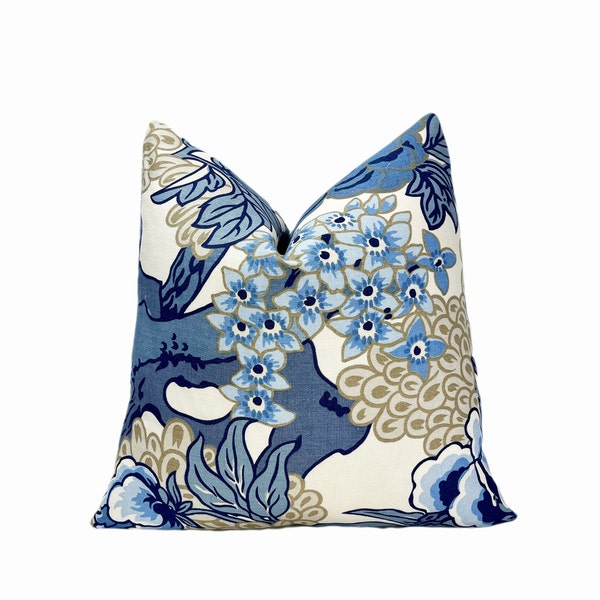 Thibaut Honshu Blue Beige Throw Pillow Cover | Blue Beige Floral Designer Pillow Cover | 18x18| 20x20 | 22x22 |  Lumbar Pillow