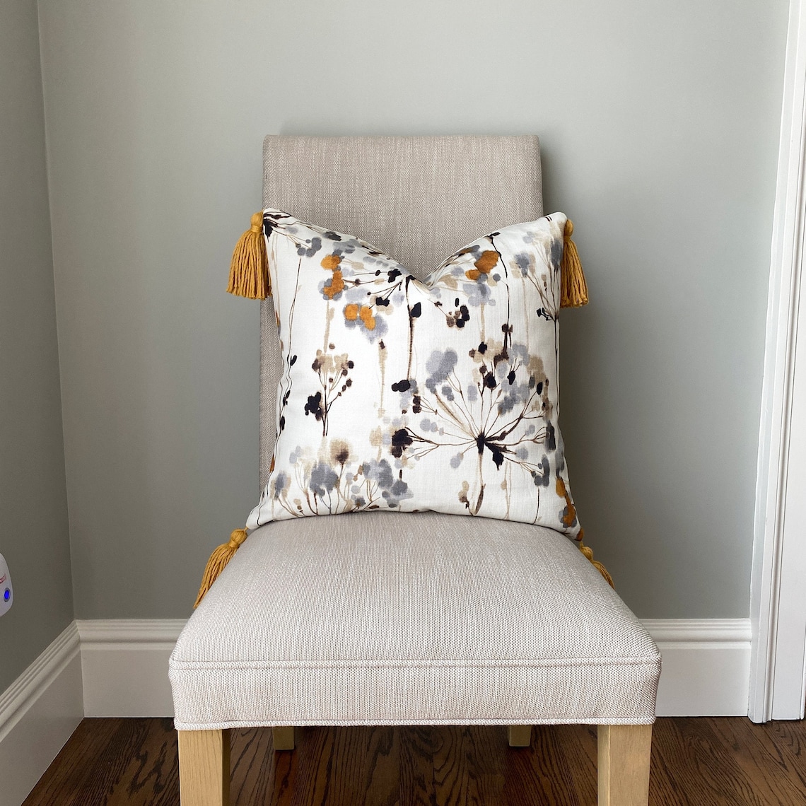 Modern Gray Floral Pillow Cover With Jumbo Gold Tassels Etsy