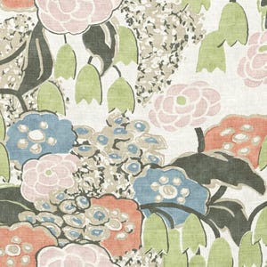 May include: Floral fabric with a repeating pattern of large flowers in shades of pink, coral, blue, and green. The design includes stylized leaves and clusters of smaller, textured blooms against a cream background. The overall aesthetic is reminiscent of a vintage botanical print.