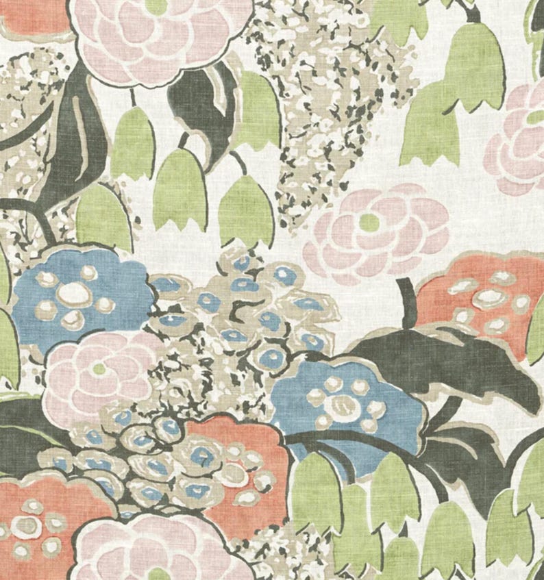 May include: Floral fabric with a repeating pattern of large flowers in shades of pink, coral, blue, and green. The design includes stylized leaves and clusters of smaller, textured blooms against a cream background. The overall aesthetic is reminiscent of a vintage botanical print.