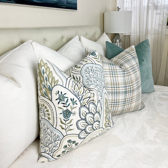 Cream, Blue, Sage Embroidered Throw Pillow Cover Soft Decorative