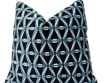 Blue Deco Velvet Throw Pillow Cover | Blue Black Graphic Cushion Cover