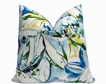 Blue Green Floral Throw Pillow Cover: Contemporary Cotton Accent Pillow