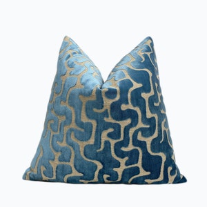 Mediterranean Blue Velvet Throw Pillow Cover | Blue Maze Decorative Throw Pillow Cover | 20x20, 22x22, Lumbar Pillow, Euro Shams