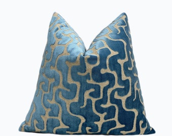 Mediterranean Blue Velvet Throw Pillow Cover | Blue Maze Decorative Pillow Cover | Custom Sizes