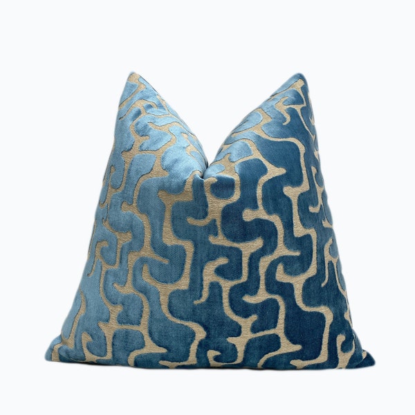 Mediterranean Blue Velvet Throw Pillow Cover | Blue Maze Decorative Throw Pillow Cover | 20x20, 22x22, Lumbar Pillow, Euro Shams