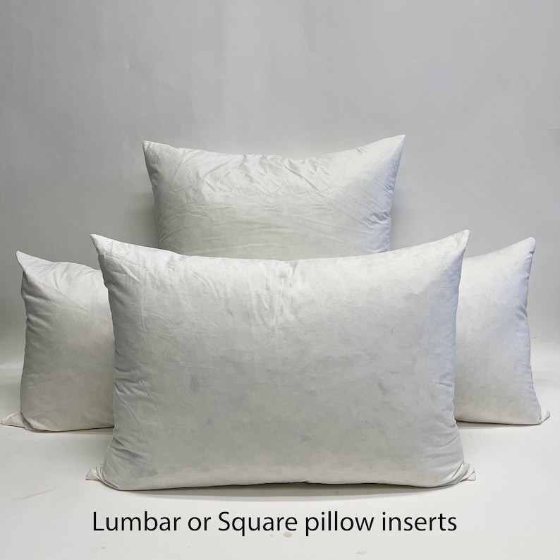 May include: Four white pillow inserts, two rectangular and two square, are arranged against a white background. The text "Lumbar or Square pillow inserts" is at the bottom of the image.