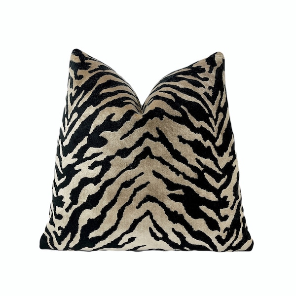 Taupe Black Zebra Velvet Animal Print Throw Pillow Cover | Plush Zebra Velvet Decorative Pillow Cover | 18x18 | 20x20 | 22x22 | Lumbar