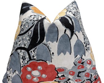 Thibaut Laura Coral and Black Throw Pillow Cover | Linen Floral Designer Cushion Cover