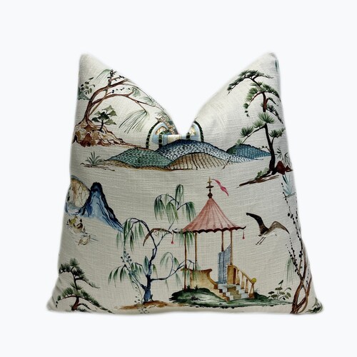 Housse de coussin chinoiserie crème | Taie d'oreiller décorative en lin, scène asiatique | Tailles personnalisées