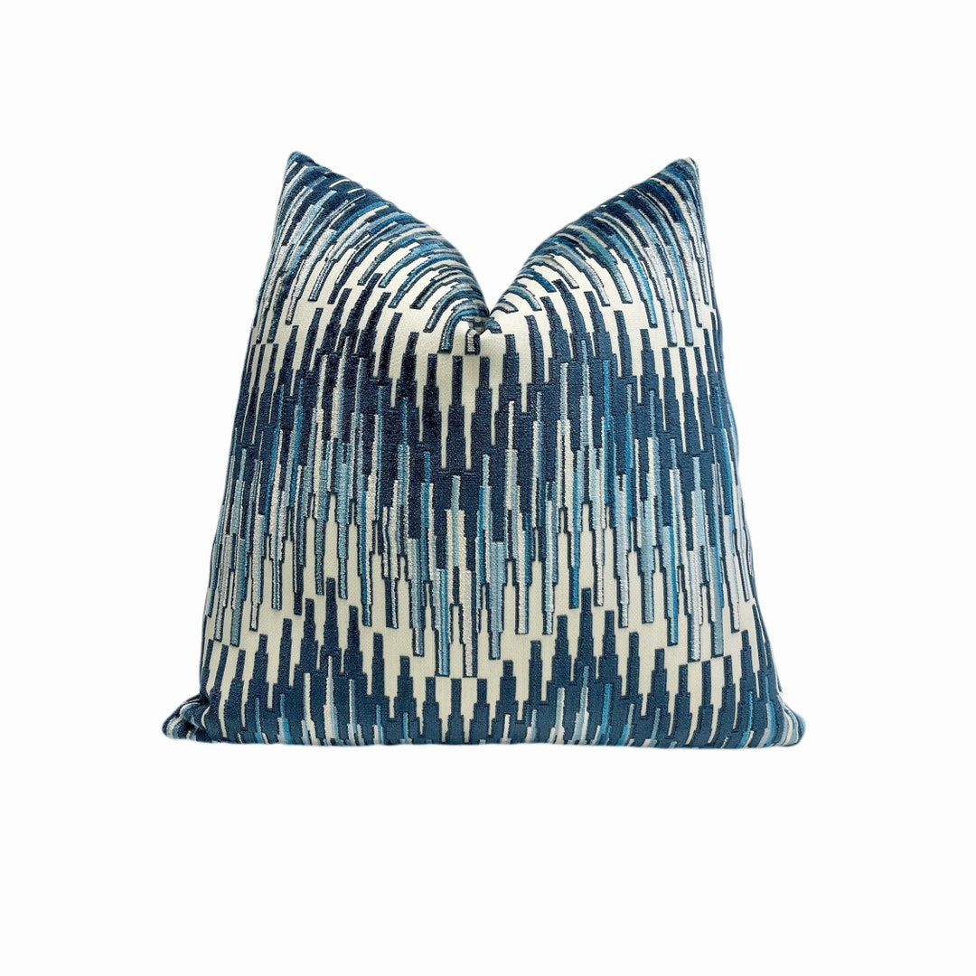 Blue Multi Zigzag Velvet Throw Pillow Cover Blue Velvet Decorative Throw Pillow Cover 20x20