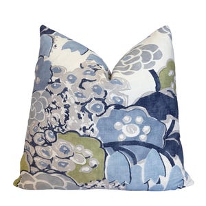 Thibaut Laura Citrus and Blue Throw Pillow Cover | Coastal | Blue Green Linen Floral Designer Pillow Cover | 18x18 | 20x20 | 22x22 | Lumbar