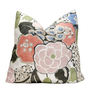 Thibaut Laura Blush and Green Throw Pillow Cover | Pink Green Linen Floral Designer Pillow Cover | 18x18 | 20x20 | 22x22 | Lumbar | Shams