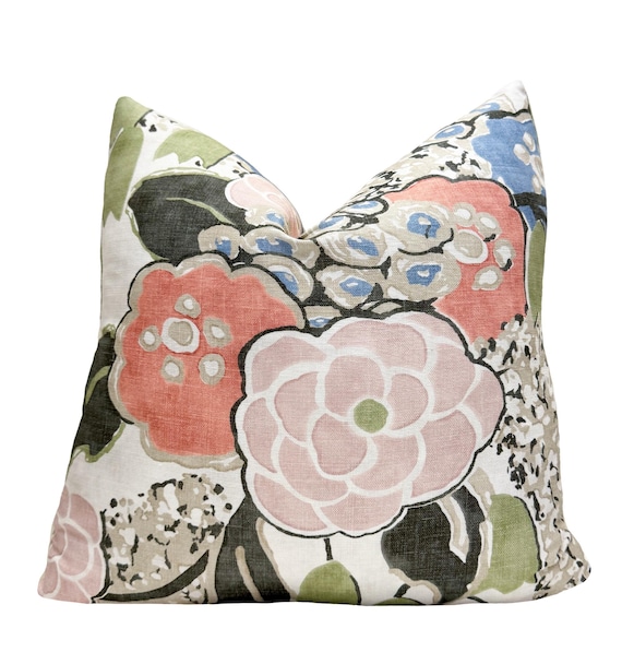 Thibaut Laura Blush Pink & Green Throw Pillow Cover |  Floral Linen Designer Pillowcase
