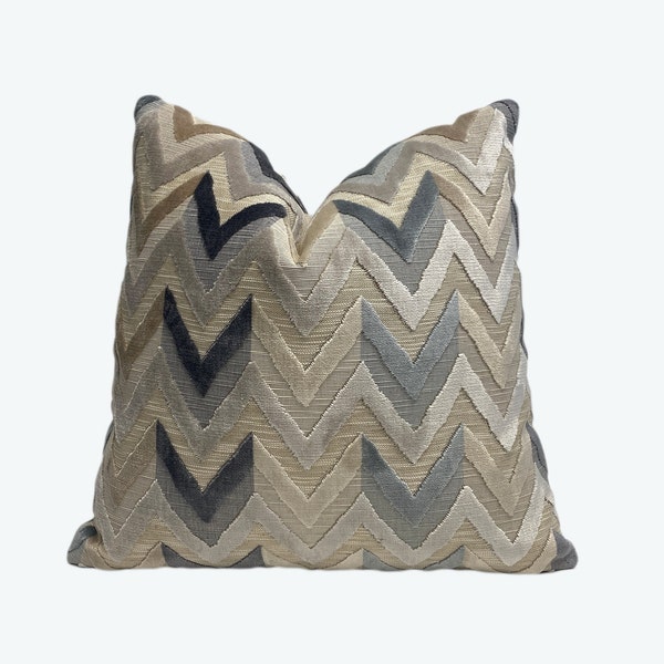 Taupe, Steel Blue, Gray, Chevron Velvet Throw Pillow Cover | Decorative Pillow Cover | Couch Pillow | 20x20 | 22x22 | Lumbar Pillow