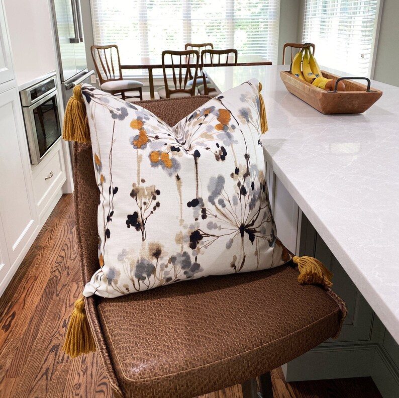 Modern Gray Floral Pillow Cover With Jumbo Gold Tassels Etsy